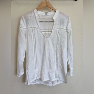 SUBOO White Cotton Pintuck Lace Split V-Neck Tunic Blouse Top Size M
